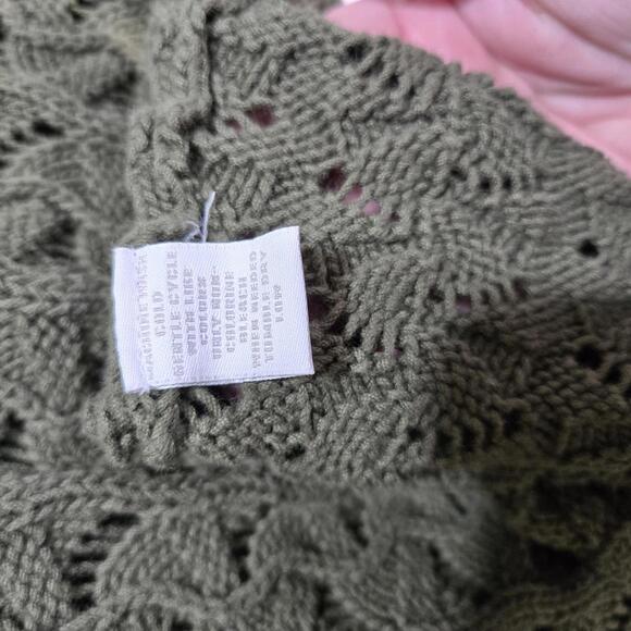 Charter Club Olive Green Cotton Pointelle Knit Sweater L V-Neck Scalloped Boho - Picture 5 of 8